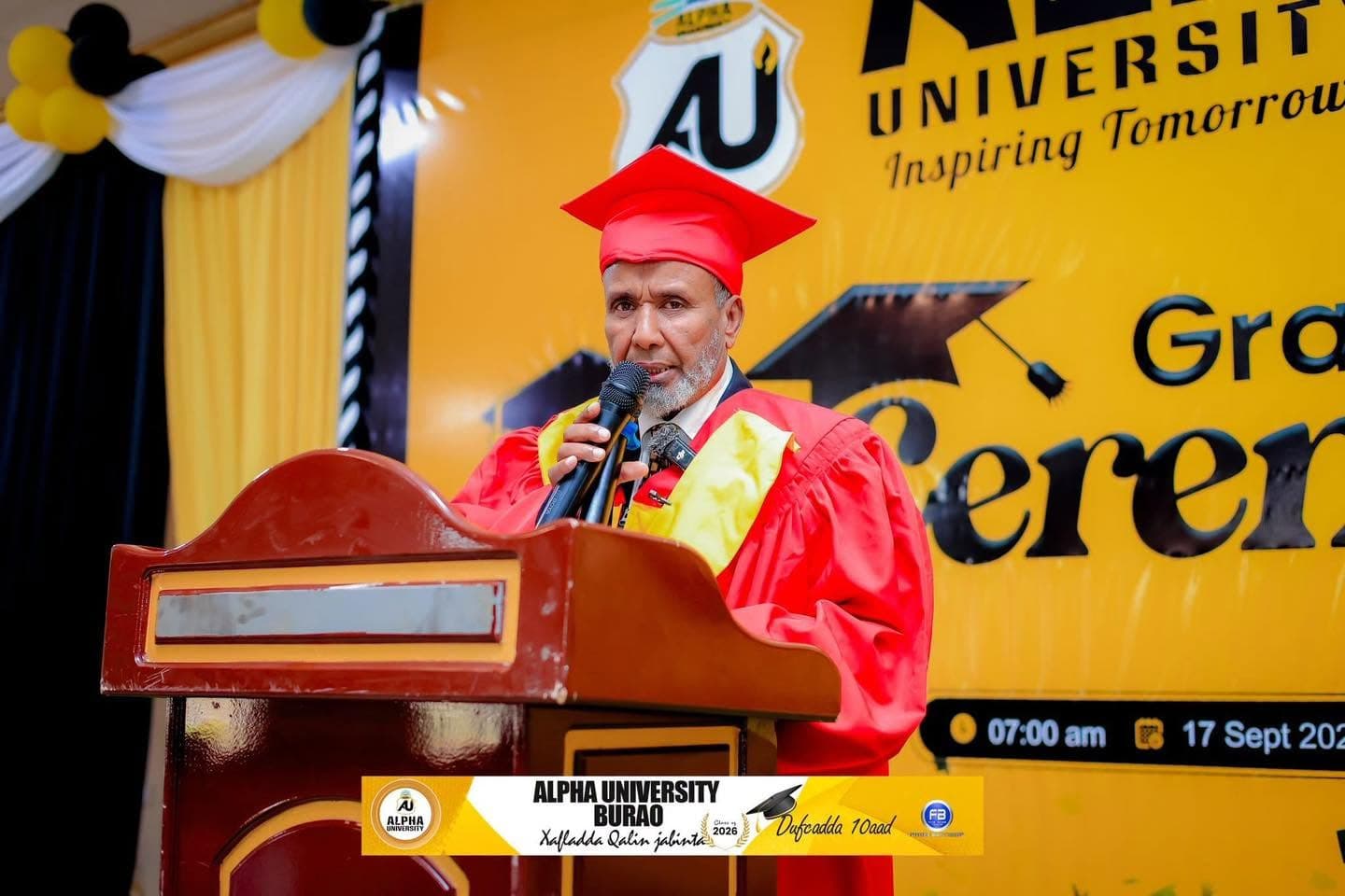 Chairman of Alpha University addressing the graduation ceremony
